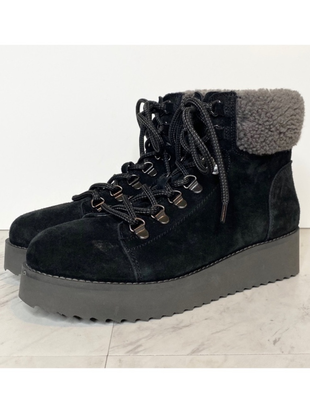 New! Sam Edelman Franc Platform Faux Fur Hiker Black Suede Bootie 7M